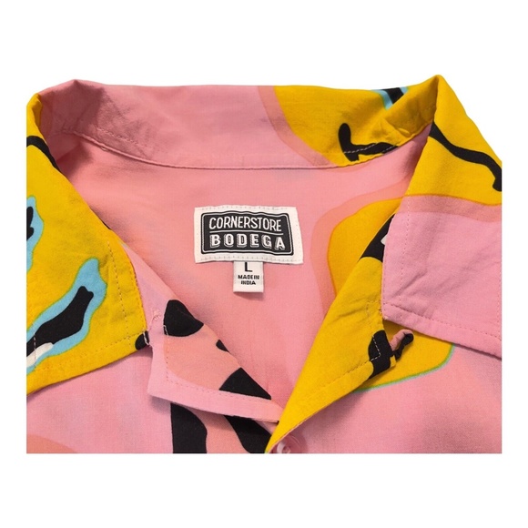 Cornerstore Bodega Pink Stoned Happy Face Mushroom Camp Shirt Mens L New $79.00 - Picture 10 of 12